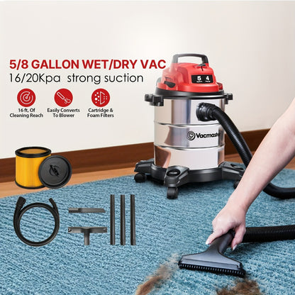 Wet Dry Vacuum Cleaner Shop Vac Stainless Steel 5 or 8 Gallon with Blower Function Powerful Suction for Garage Car Home Workshop and Pet Hair