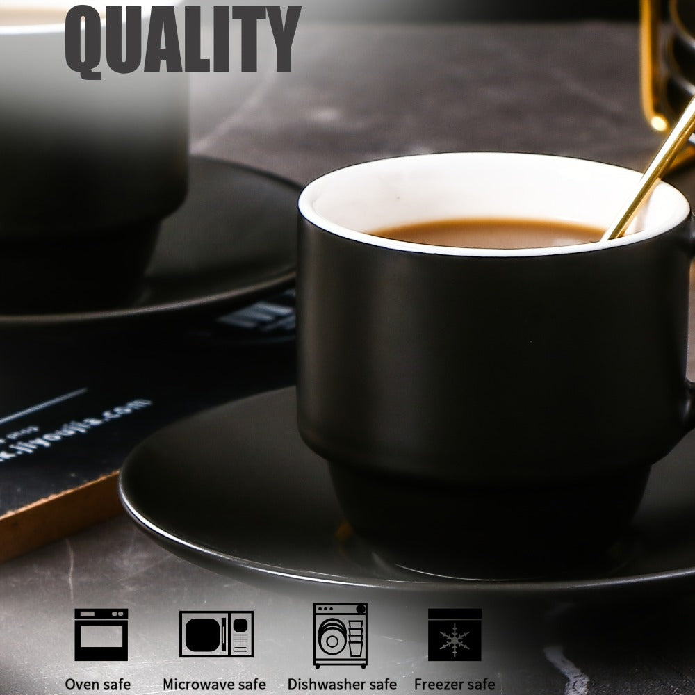 Espresso Cups Set of 6 with Saucers, Spoons & Metal Stand, 4oz Stackable Ceramic Cappuccino Mugs for Double Espresso, Lungo & Afternoon Tea – Matte Black & Matte White