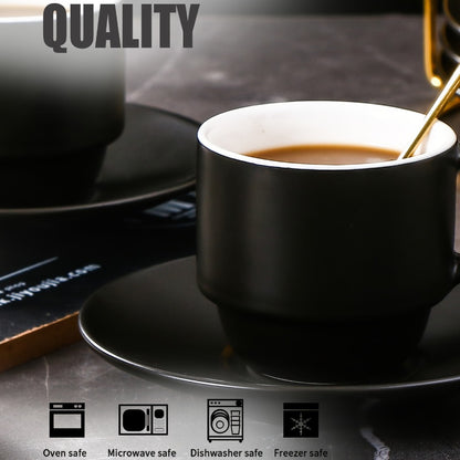 Espresso Cups Set of 6 with Saucers, Spoons & Metal Stand, 4oz Stackable Ceramic Cappuccino Mugs for Double Espresso, Lungo & Afternoon Tea – Matte Black & Matte White