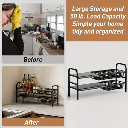 Expandable Under Sink Organizer 2-Tier Cabinet Shelf with 5 Removable Panels & 5 Baskets, Adjustable Under Sink Storage Rack for Kitchen Bathroom Cabinet Organization