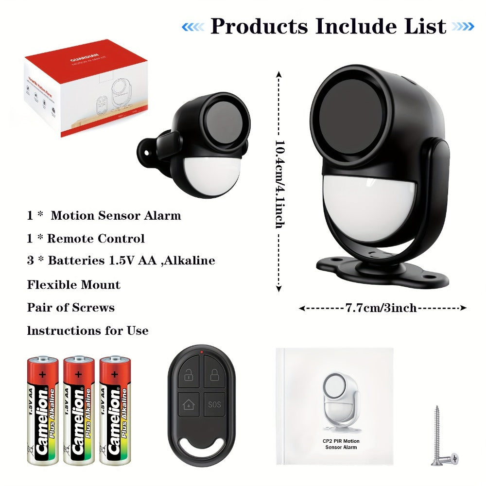 125dB Wireless Motion Sensor Alarm with Siren Light & Remote Control – Indoor Infrared Security Motion Detector for Home, Shed & Garage – Battery Operated PIR Alert System (Black & White)