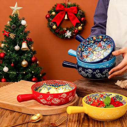 Ceramic Salad Bowl Set of 4 Bohemian Style 8.7 Inch with Handles Microwave and Oven Safe Colorful Serving Bowls for Home Baking Table Serving Gift