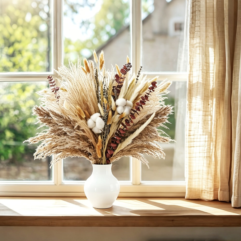 Dried Flower Bouquet 80pcs – Pampas Grass, Bunny Tails, Eucalyptus, Lavender & Wheat Stems for Rustic Boho Home Decor, Vase Filler, Fall Decorations, Wedding Centerpiece & Floral Gift Arrangement