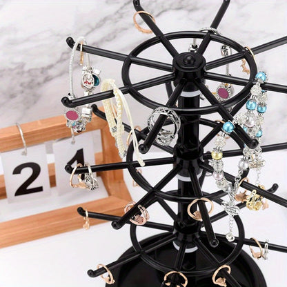 Rotating Jewelry Stand 2-Tier Black – Necklace Bracelet Earring Organizer Display Rack, Plastic Hanging Jewelry Tower for Dressing Table Counter, Keychain Holder, No Electricity Needed
