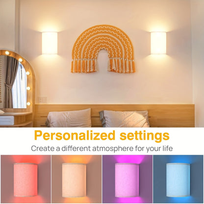 Rechargeable Wall Sconce Set of 2 – Wireless Fabric Shade Wall Light with Remote Control, Magnetic Puck Light, Dimmable CCT or RGB Color, No Wiring for Bedroom Living Room Hallway Decor