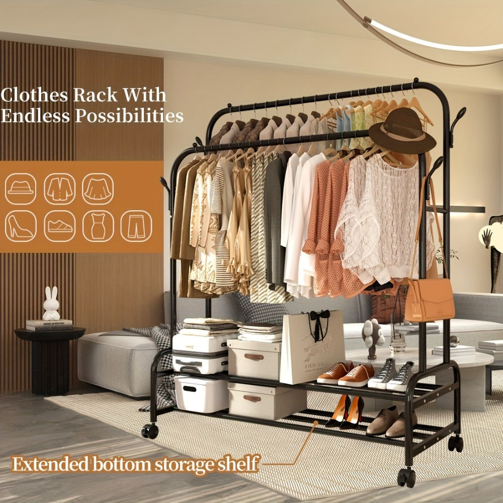 Double Rod Clothes Rack with Wheels Metal Heavy Duty Garment Rack with Shelves and Hooks Portable Closet Organizer for Bedroom Living Room Gold