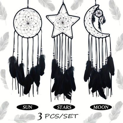 Dream Catcher Set of 3 - Moon Sun Star Wall Hanging Decor for Bedroom, Boho Room Decor for Teen Girls Kids, Princess Bedroom Decoration, 8 Inch Metal Hoop, Pink White Black Brown, Nursery Wall Art Gift