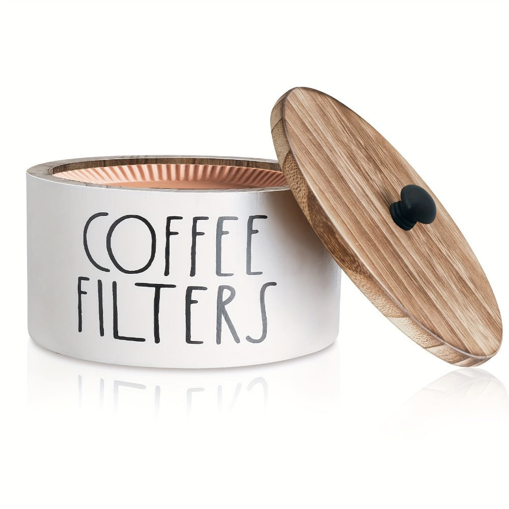 Wooden Coffee Filter Holder with Lid | Rustic Farmhouse Coffee Filter Storage Container | Solid Wood Coffee Bar Organizer for Countertop | Vintage Style Decorative Coffee Accessory Box Black & White