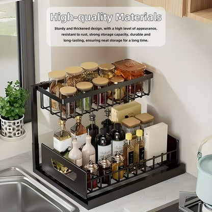 2-Tier Pull-Out Cabinet Organizer Metal Sliding Drawer, Kitchen Sink Storage Container for Bathroom Tabletop Study, Push-Pull Stackable Organizer for Kitchen Bathroom Cabinet