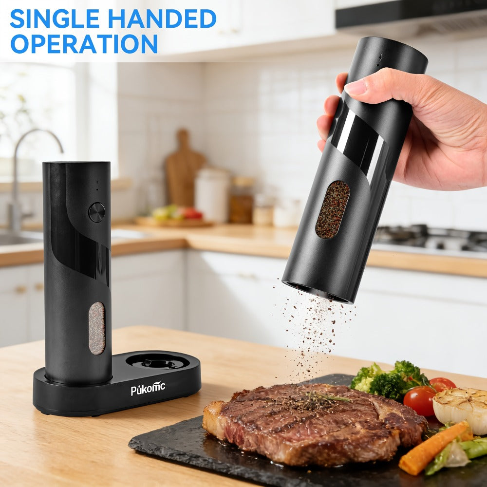 Electric Pepper Grinder Set of 2, Rechargeable with Charging Base, 6 Adjustable Coarseness Settings, Built-in LED Light & ABS Motor — Salt & Pepper Mill for Peppercorns & Spices, Brush Included