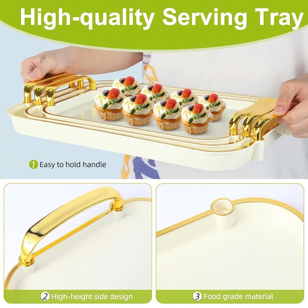 3-Piece Rectangular Serving Tray Set with Handles – Plastic Food Trays for Parties, Dinners & Gatherings, 16.5/15/13.2 Inch Nested Trays for Turkey, Cake, Cheese, Fruit & Appetizers
