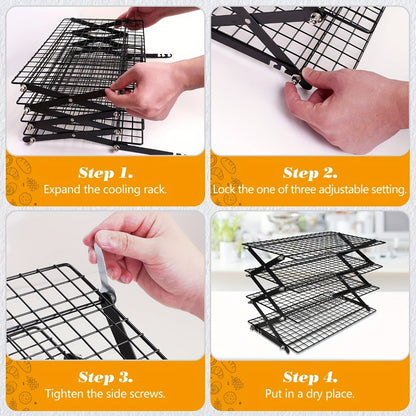 Foldable Cooling Rack for Baking, Stackable Wire Baking Rack with 4-Position Height Adjustment, Collapsible Metal Drying Rack for Cookies Cakes Bread, Camping Grill Rack