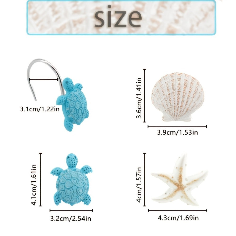 12pcs Resin Marine Shower Curtain Hooks – Blue Turtle & Starfish Shell Decorative Bathroom Curtain Ring Hangers Home Decor Accessories