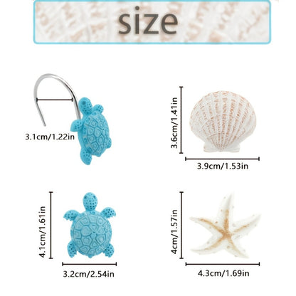 12pcs Resin Marine Shower Curtain Hooks – Blue Turtle & Starfish Shell Decorative Bathroom Curtain Ring Hangers Home Decor Accessories