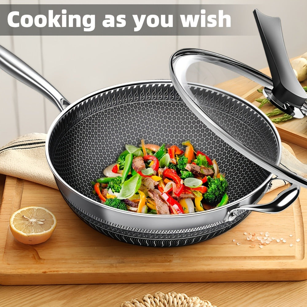 Stainless Steel Wok Set 13.3 Inch Non-stick Honeycomb Design with Lid & 2 Cookware Accessories – Induction Compatible Cooking Pan for Electric Ceramic Gas Stove, Dishwasher Safe