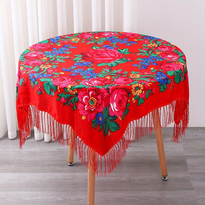 Floral Square Tablecloth with Tassels - Multicolor Flowers, Machine-Washable Polyester, Kitchen & Dining Room Table Cover with Tassel Trim