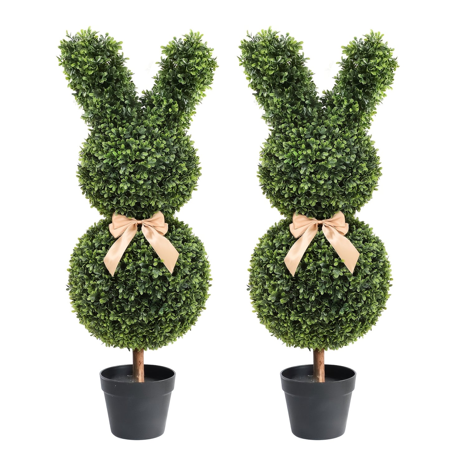 Artificial Boxwood Bunny Topiary 2-Pack | 3Ft Faux Rabbit Garden Statue with Bow, Indoor Outdoor Easter Spring Porch Decor, Lifelike Greenery Sculpture with Planter