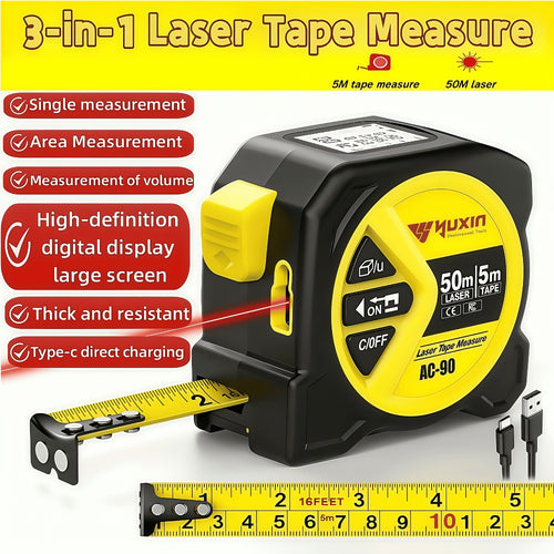 Laser Tape Measure 3-in-1 Digital Distance Meter 50M 165ft High Precision Infrared Rangefinder Smart HD Display USB Charging M In Ft Unit Switching Portable Measuring Tool