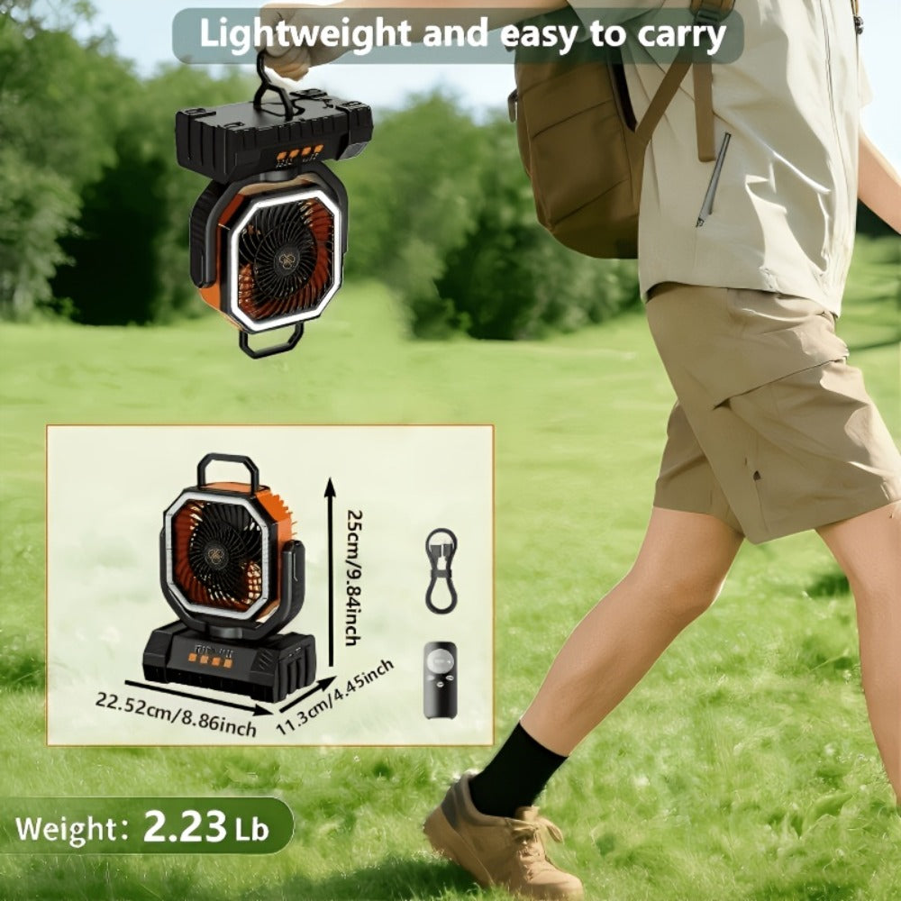 Camping Fan 20000mAh with LED Lantern and Remote Control, 4-Speed 90° Oscillation 1-8H Timer, 59-Hour Battery Life Power Bank Fan with Hook for Tent, Hiking, Outdoor and Indoor Use
