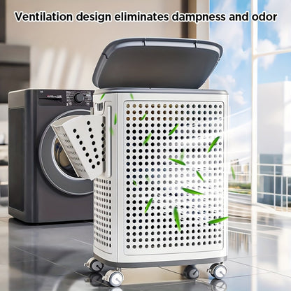 Wheeled Laundry Hamper Large Foldable with Dividers & Dust-Proof Lid – 360° Breathable Mesh Basket on Wheels, Reinforced Steel Base, Portable Clothes Organizer for Bedroom, Bathroom & Dorm