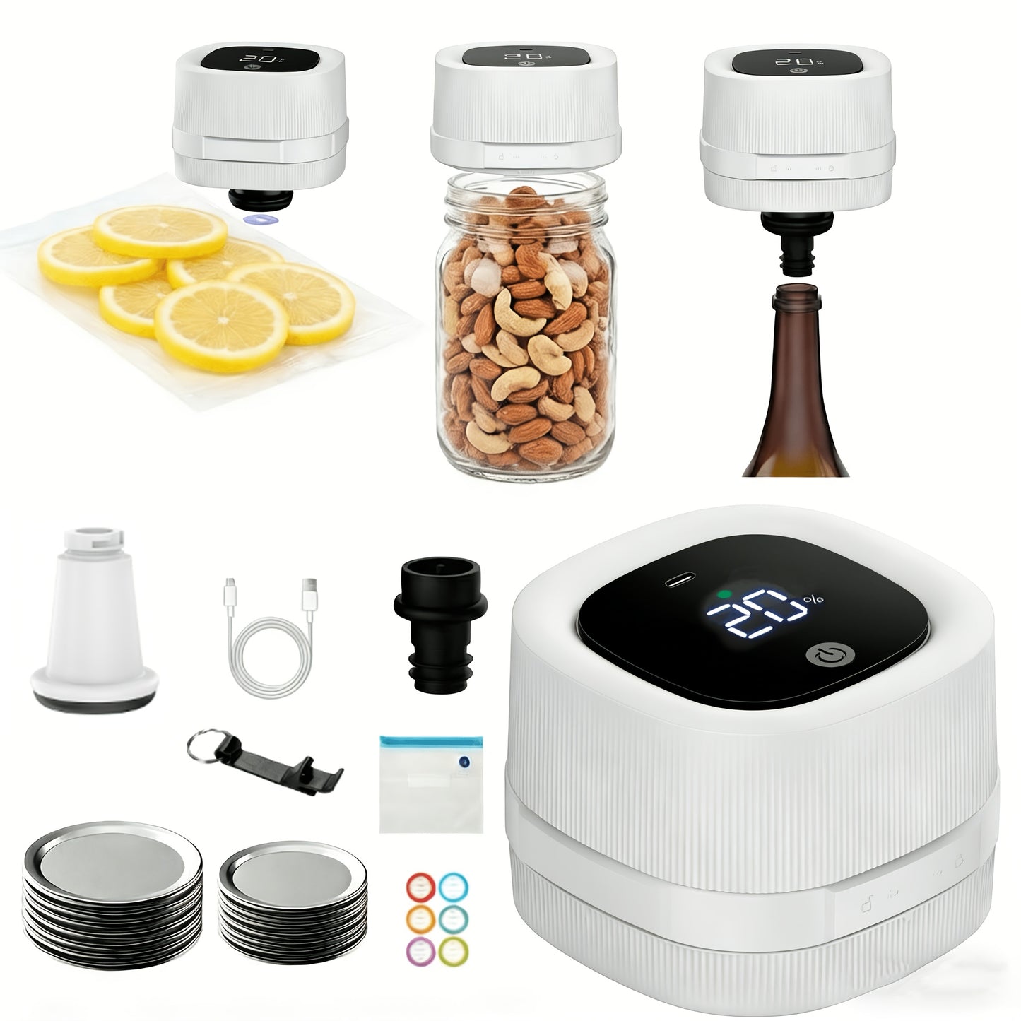 Electric Jar Vacuum Sealer 3-in-1 Food Storage Vacuum Sealer Machine with 14 Sealing Lids Wine Plug Vacuum Bag Bottle Opener – One-Button Operation Leak-Proof Seal for Regular & Wide Mouth Mason Jars