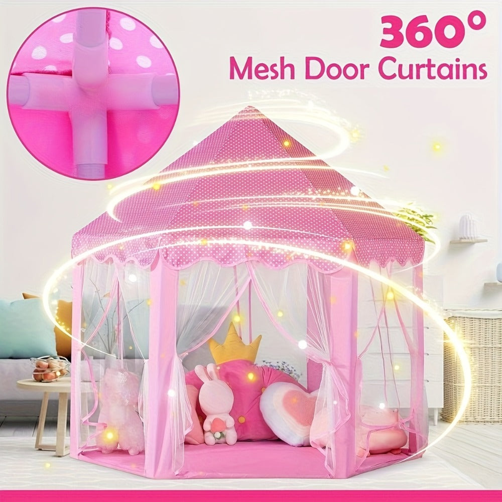Kids Princess Tent Hexagonal Play Tent with Sheer Door Curtain – Flower Pattern Mosquito Net Castle for Girls, Indoor Outdoor Playhouse Canopy Bed Tent