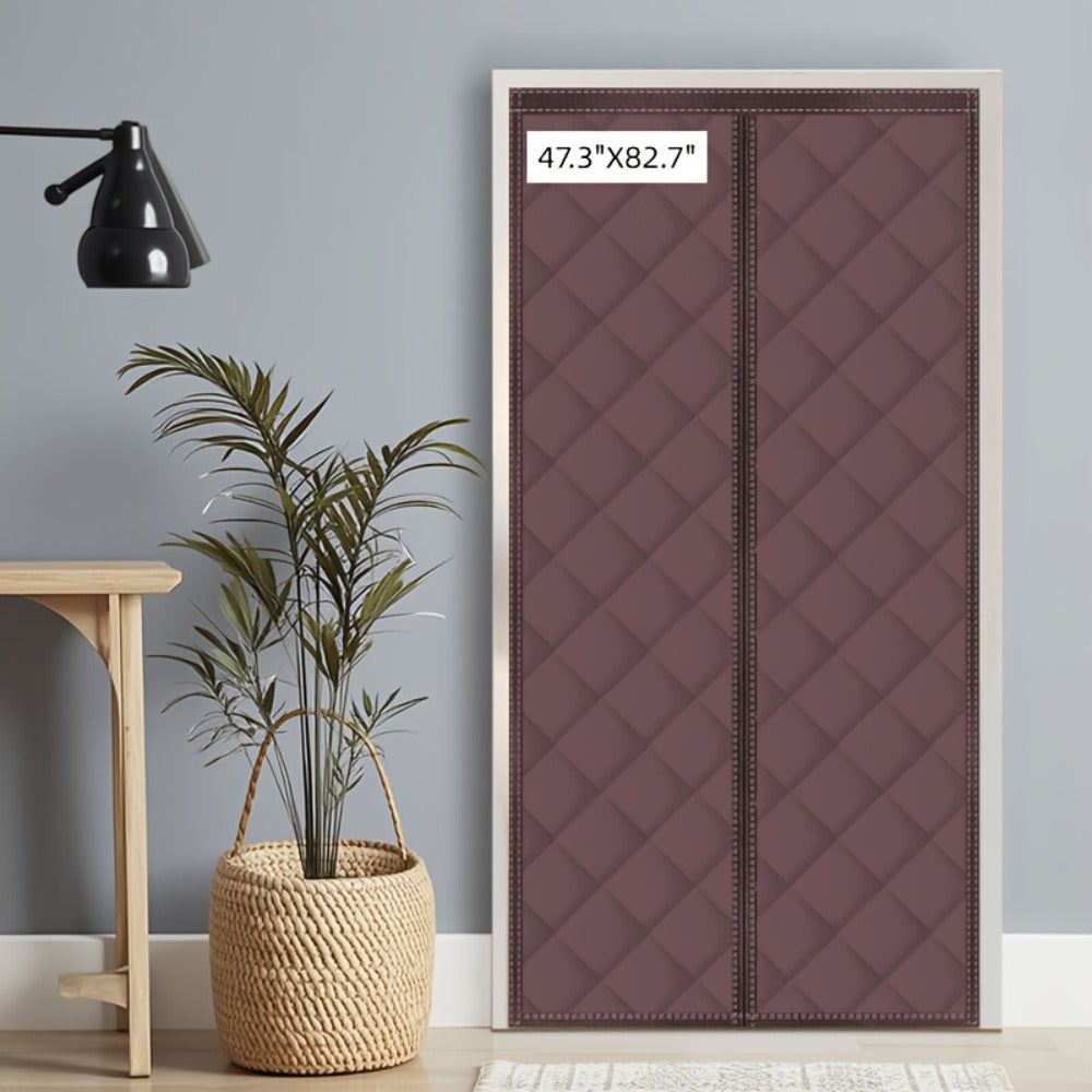 Thermal Insulated Door Curtain Magnetic Closure Knit Plaid Pattern – Windproof Insulation Blanket for Front Door, Sliding Glass, Patio & French Doors, Keep Cold Out, Grey & Brown, Multiple Sizes