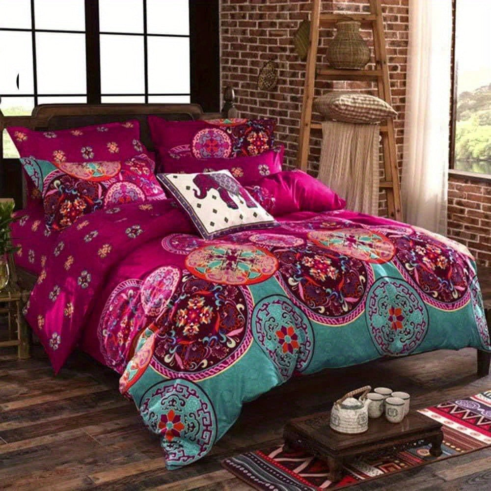 Bohemian Floral Quilt Comforter Set – Soft Microfiber Lightweight Bedding for All Seasons, Twin Queen King – Rose Red, Scarlet & Dark Pink