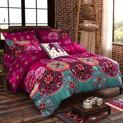 Bohemian Floral Quilt Comforter Set – Soft Microfiber Lightweight Bedding for All Seasons, Twin Queen King – Rose Red, Scarlet & Dark Pink