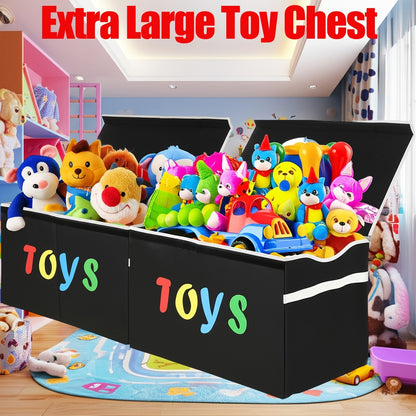 Collapsible Storage Box with Lid & Adjustable Dividers | Large Toy Chest Bin 54x16x14 Inch | Foldable Organizer for Playroom Bedroom Nursery | Boys Girls Toy Storage Box Black Dark Grey