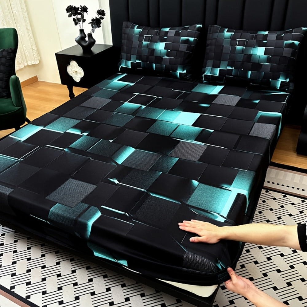 Fitted Sheet Set 3pcs Plaid Digital Print Deep Pocket 15" All Season Bed Sheet + 2 Pillowcases No Filling Twin Full Queen King