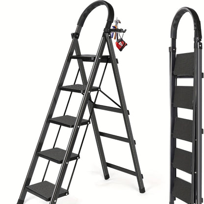 Folding Step Ladder 3 / 4 / 5 Step with Anti-Slip Pedal & Tool Tray – 450 LBS Capacity Portable Steel Step Stool for Adults, Home, Kitchen, Library & Office Use – Red & Black Options