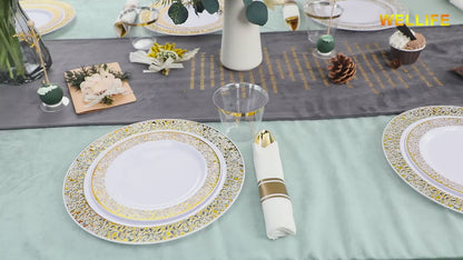 Gold Disposable Dinnerware Set for 50 Guests 350pcs – Includes Dinner Plates, Dessert Plates, 9oz Cups with Gold Rim, Pre-Rolled Napkins & Gold Cutlery | Perfect for Wedding, Party & Holiday Celebration