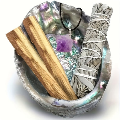 Sage Smudge Kit with Abalone Shell, White Sage Bundle, Holy Wood Palo Santo, Amethyst Crystal Necklace, Home Cleansing Ritual Gift Set