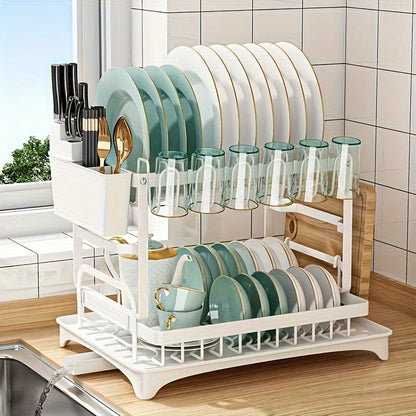 2-Tier Dish Drying Rack with Drip Tray Large Kitchen Counter Dish Drainer