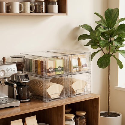 Clear Stackable Storage Bins with Lids & Handles 3 or 4-Piece Set | Plastic Organizer Drawers for Under Sink Pantry Cabinet Closet | Kitchen & Bathroom Storage for Cosmetics Cleaning Supplies Food