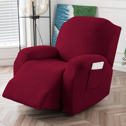 Recliner Chair Cover Slipcover 4-Piece Set – Leaf Jacquard Stretch Furniture Protector with Storage Pocket, Non-Slip Recliner Sofa Cover for Living Room, Machine Washable, 6 Colors Available