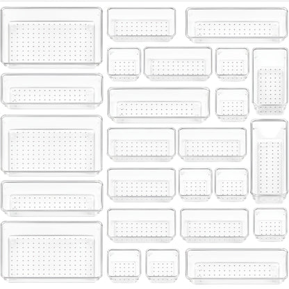 Clear Drawer Organizer Trays 25 Pack with 4 Sizes, Plastic Storage Bins for Desk Drawer Kitchen Flatware Cosmetics Dresser Under Bed Organization Dividers