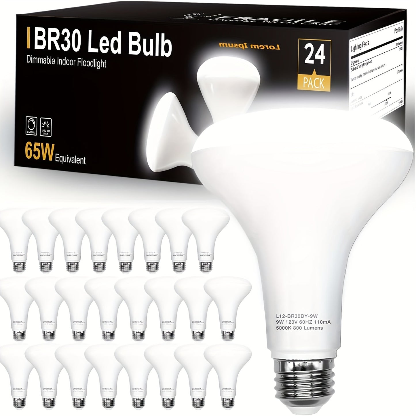 BR30 LED Flood Light Bulbs Dimmable 9W = 65W Equivalent 800 Lumens E26 Base CRI 80+ Recessed Light Bulbs for Ceiling Kitchen – 2700K Soft White or 5000K Daylight – Available in 6-Pack & 24-Pack