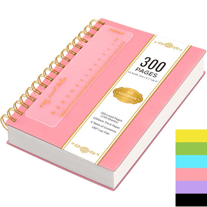 Hardcover Spiral Notebook A5 Lined Journal 300 Pages 100GSM Thick Paper PVC Waterproof Cover College Ruled Note Pad for Women Men Office School 5.7x8.4 Inch
