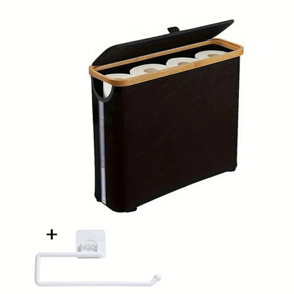 Toilet Paper Storage Basket with Bamboo Lid – Large Capacity Holds 9-12 Rolls | 600D Oxford Cloth Dustproof Bathroom Organizer | Modern Farmhouse Tissue Roll Holder for Bathroom