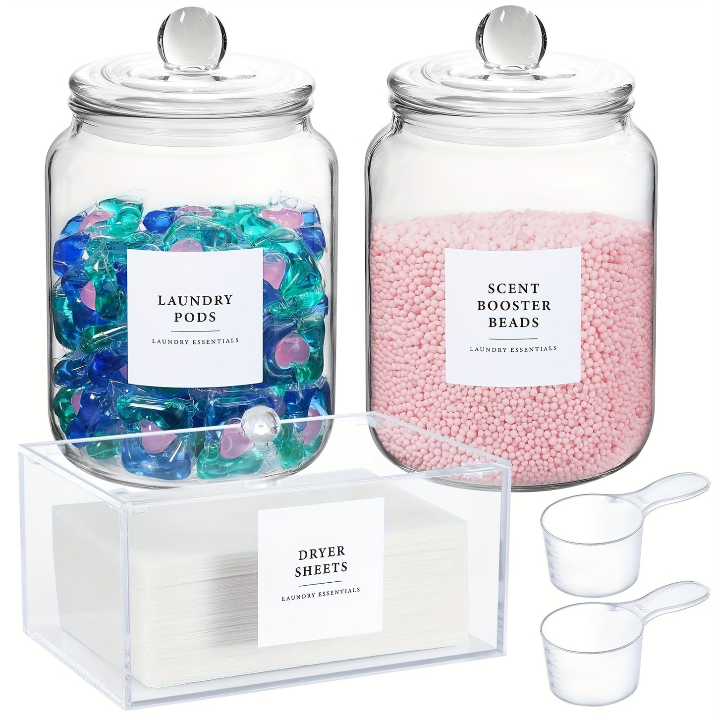 Airtight Glass Jars with Lids Labels and Spoons Half Gallon Storage Canisters for Laundry Detergent Pods Scent Booster Beads Kitchen Pantry Organization Food Safe Wide Mouth 1 2 3 4 Pack