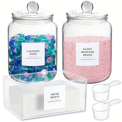Airtight Glass Jars with Lids Labels and Spoons Half Gallon Storage Canisters for Laundry Detergent Pods Scent Booster Beads Kitchen Pantry Organization Food Safe Wide Mouth 1 2 3 4 Pack