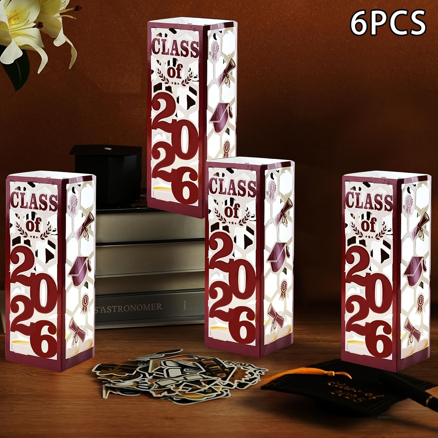 Graduation Centerpiece Set 6pcs Class of 2026 – Decorative Lantern Box Table Decorations for High School & College Graduation Party, Photo Booth Props, Party Kit in Red Blue Green Purple Maroon