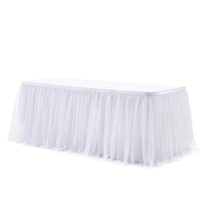 Pink Tutu Table Skirt 6ft – Ruffle Tulle Table Skirt for Rectangle & Round Tables, Princess Girls Birthday Party, Cake Dessert Table Decor, Gold Brim, Multiple Colors Available