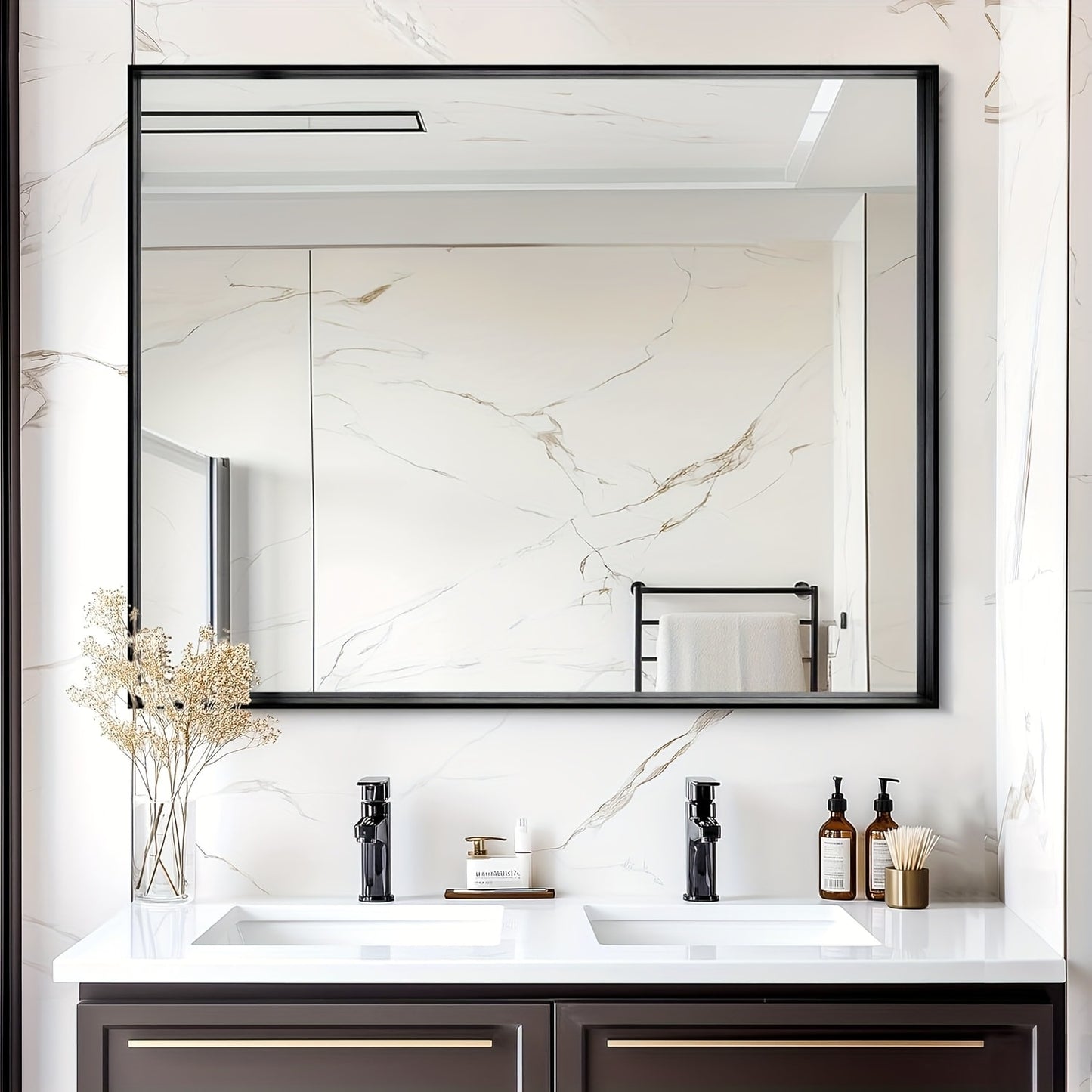Bathroom Vanity Mirror Wall Mounted Metal Frame Rectangle – Anti-Rust Farmhouse Mirror in Matte Black, Gold & Silver, Multiple Sizes, Horizontal or Vertical Hang