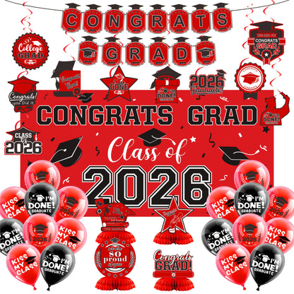 2026 Graduation Decorations Set – Congrats Grad Banner, Backdrop, Hanging Swirls & Honeycomb Table Toppers, Class of 2026 Party Supplies Kit