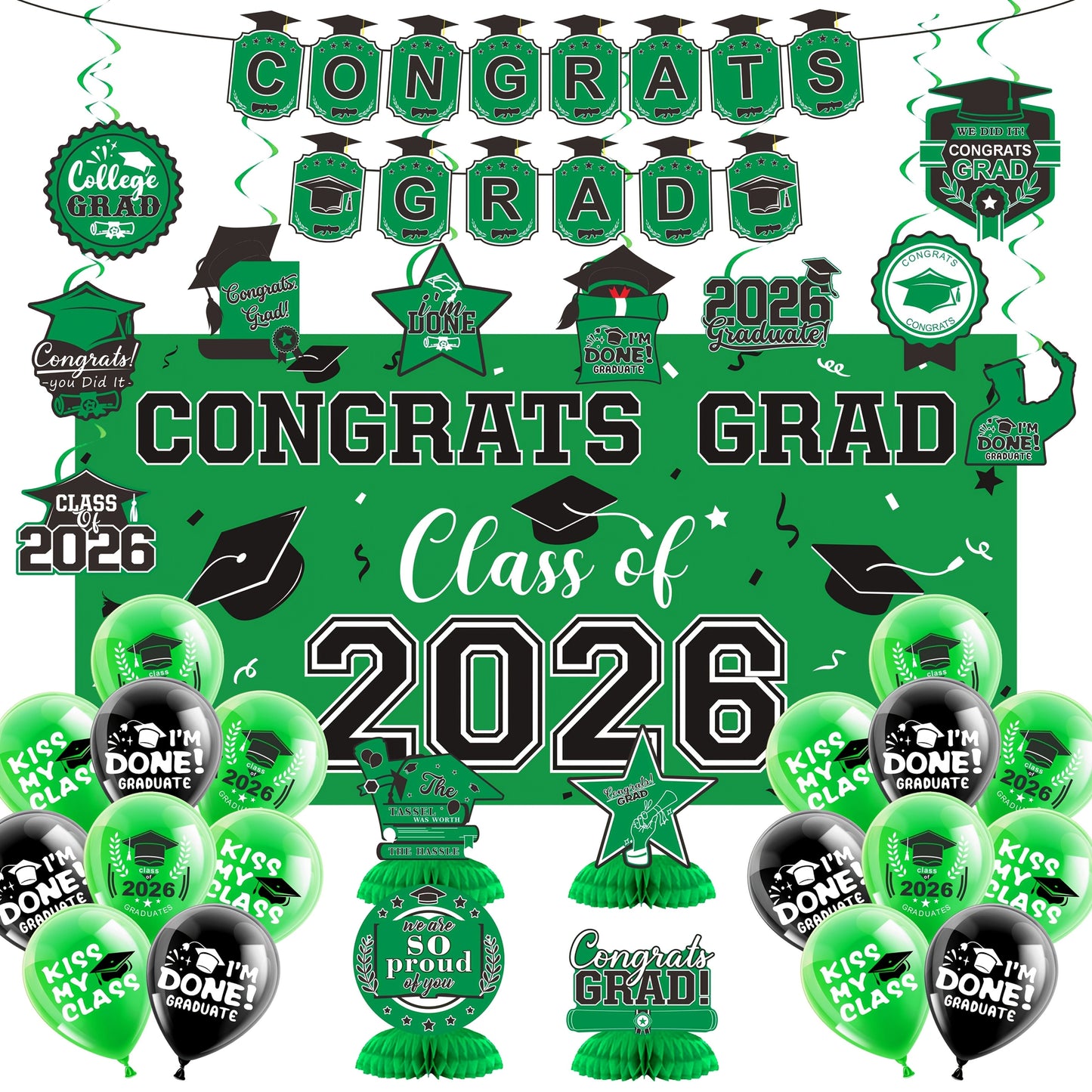 2026 Graduation Decorations Set – Congrats Grad Banner, Backdrop, Hanging Swirls & Honeycomb Table Toppers, Class of 2026 Party Supplies Kit