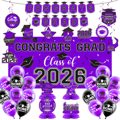 2026 Graduation Decorations Set – Congrats Grad Banner, Backdrop, Hanging Swirls & Honeycomb Table Toppers, Class of 2026 Party Supplies Kit