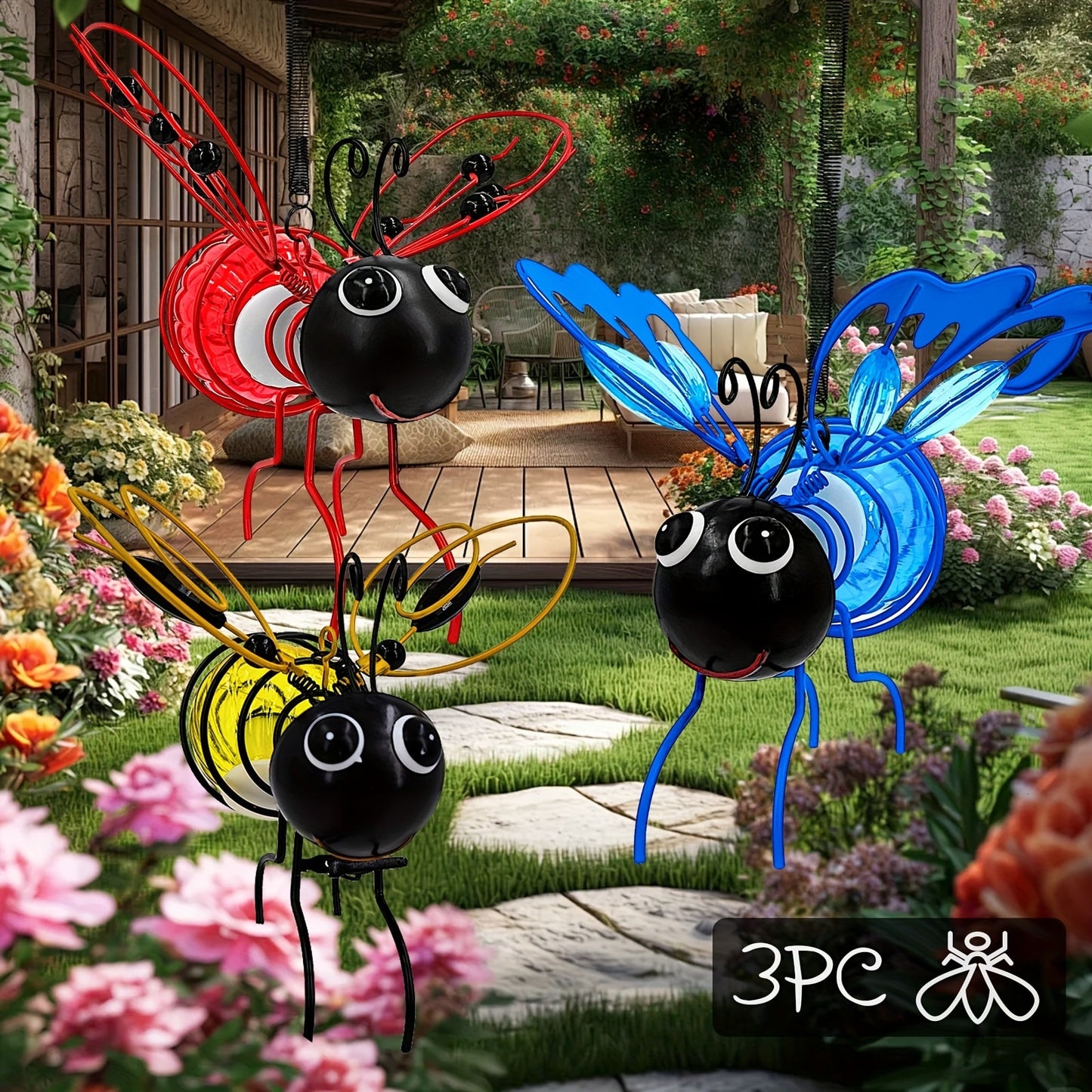 Solar Hanging Bee & Ladybug Lights Set of 3, Metal Decorative Solar Garden Lights — Outdoor Hanging Decor for Balcony, Garden, Living Room & Flower Shop | Red, Yellow & Blue